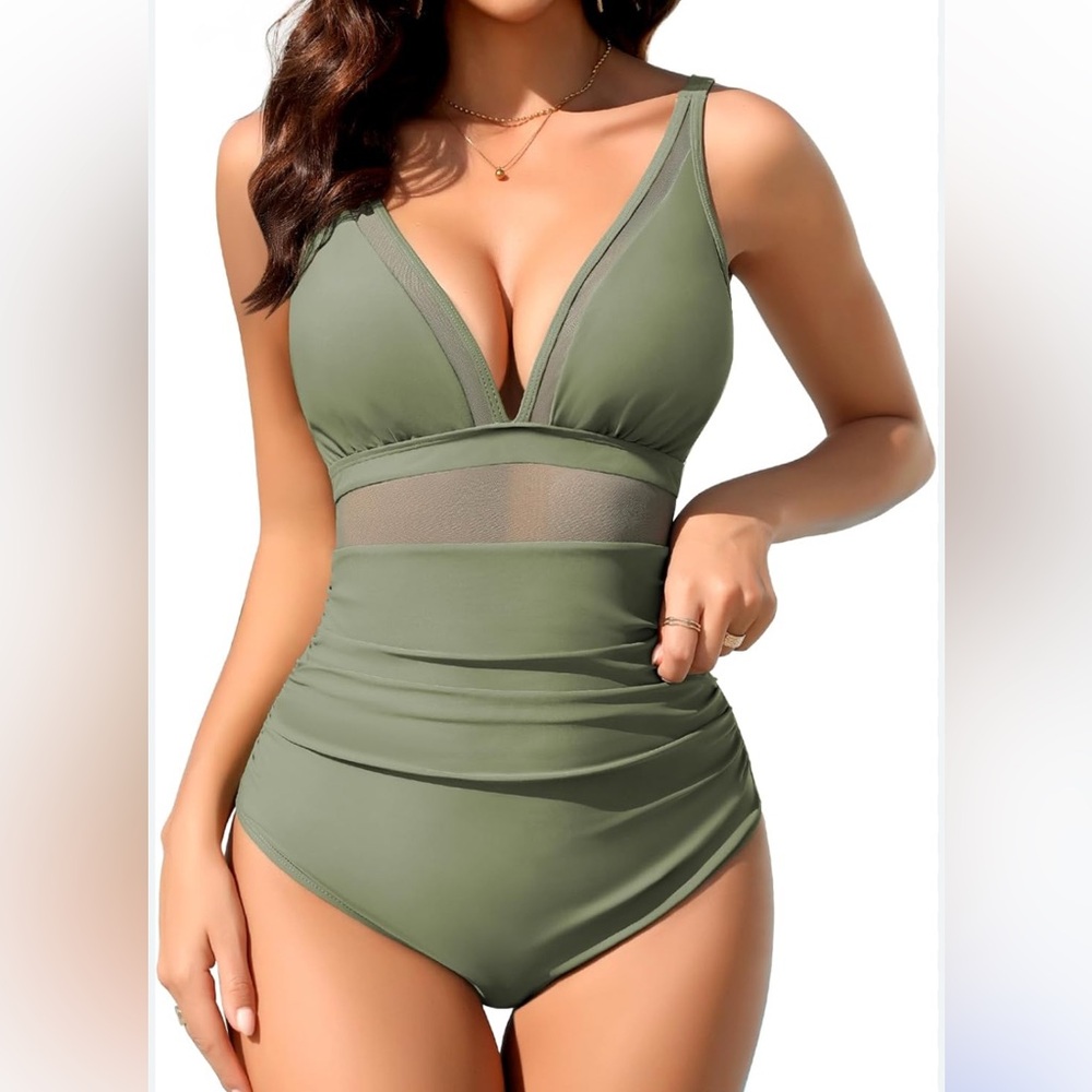 NWOT Olive Green One-Piece Swimsuit with Mesh cut out detail